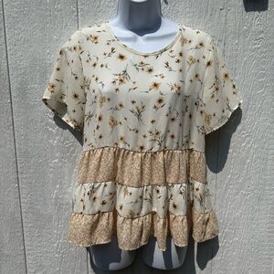 Paper Crane Women’s Floral White Yellow Ruffle Short Sleeve Summer Blouse Top M